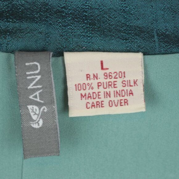 Anu Women's Large Blue Green Raw Silk Lined Embroidered Open Front Jacket - Picture 7 of 8